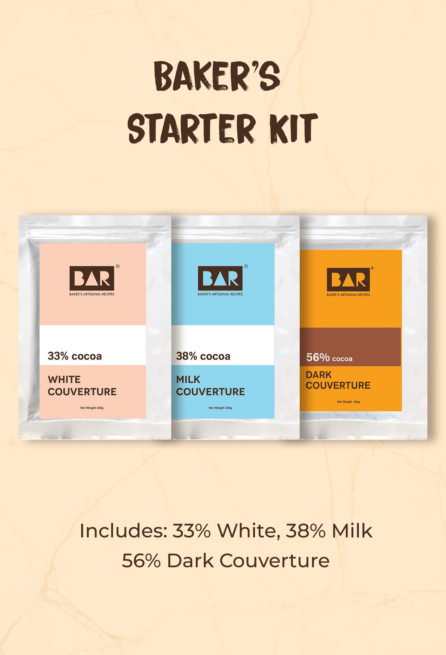 Baker's Starter Kit (BAR33 White Couverture,BAR38 Milk Couverture,BAR56 Dark Couverture - 200GM Each)