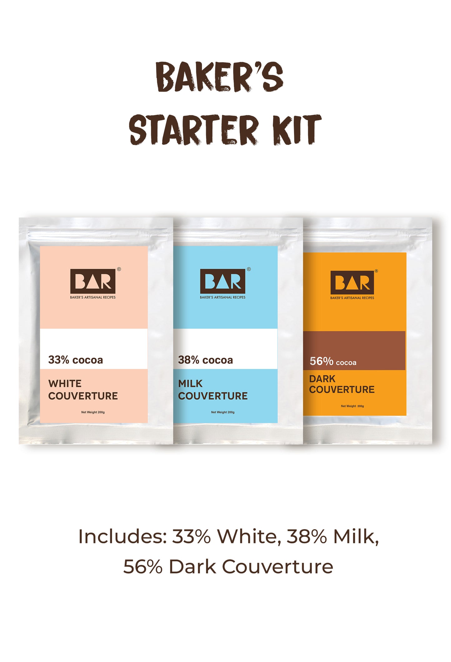 Baker's Starter Kit (BAR33 White Couverture,BAR38 Milk Couverture,BAR56 Dark Couverture - 200GM Each)