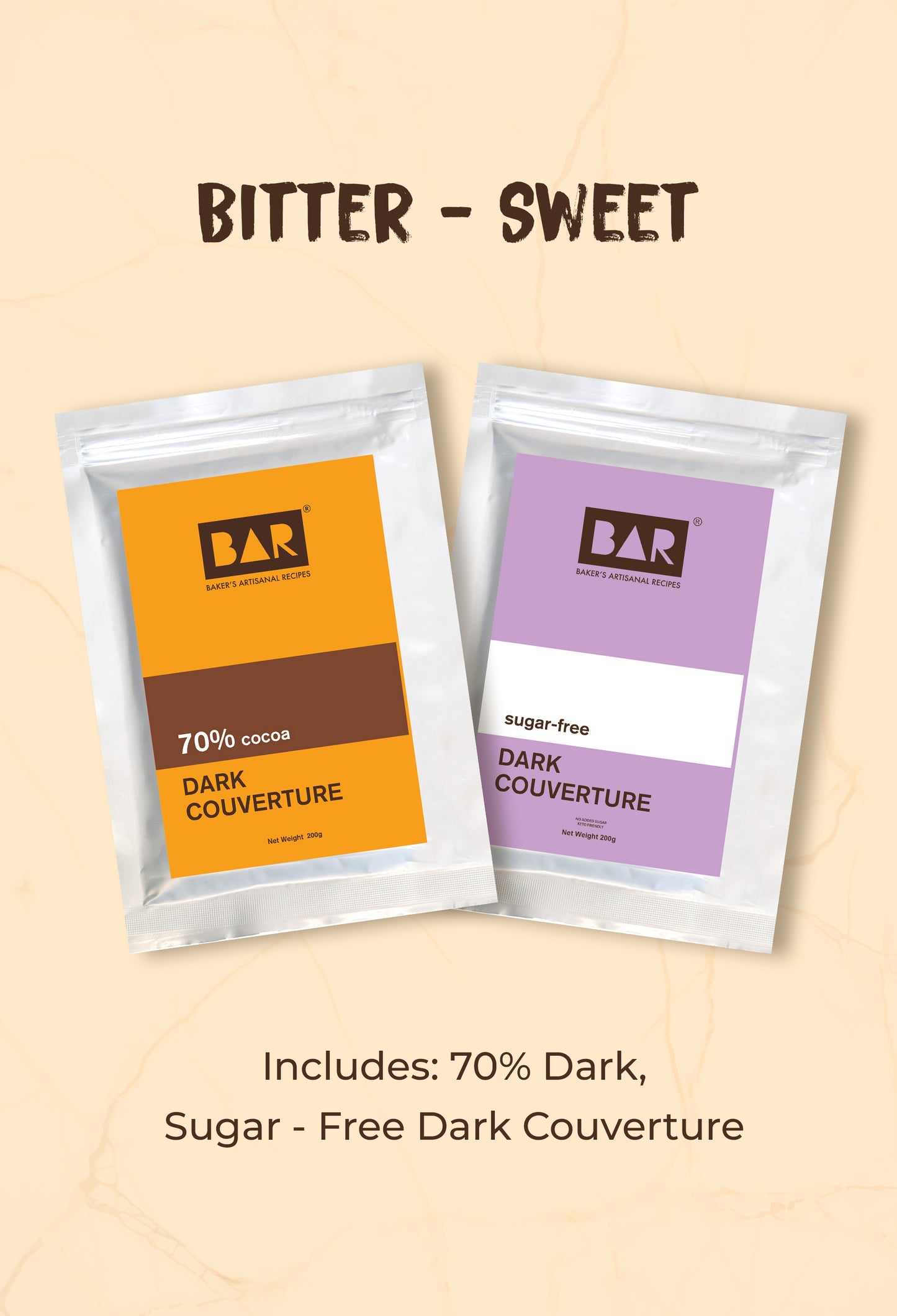 Bitter-Sweet(BAR70 Dark Couverture,BARSF Dark Couverture ( 70% Sugar-Free) - 200gm Each)