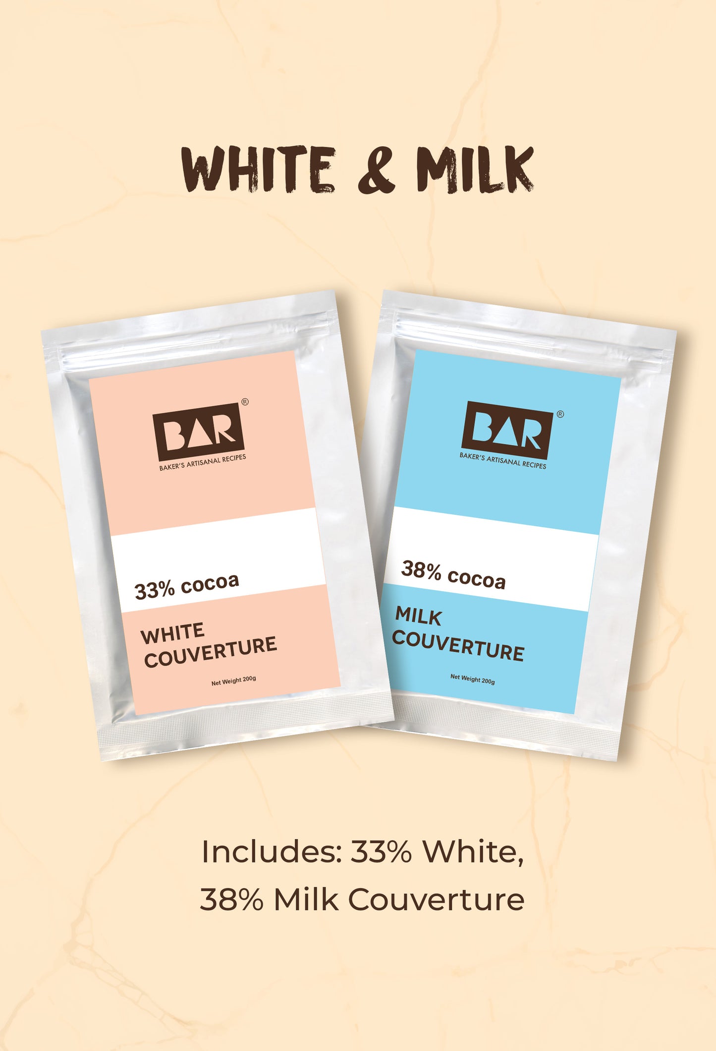 White & Milk(BAR33 White Couverture,BAR38 Milk Couverture- 200GM Each)