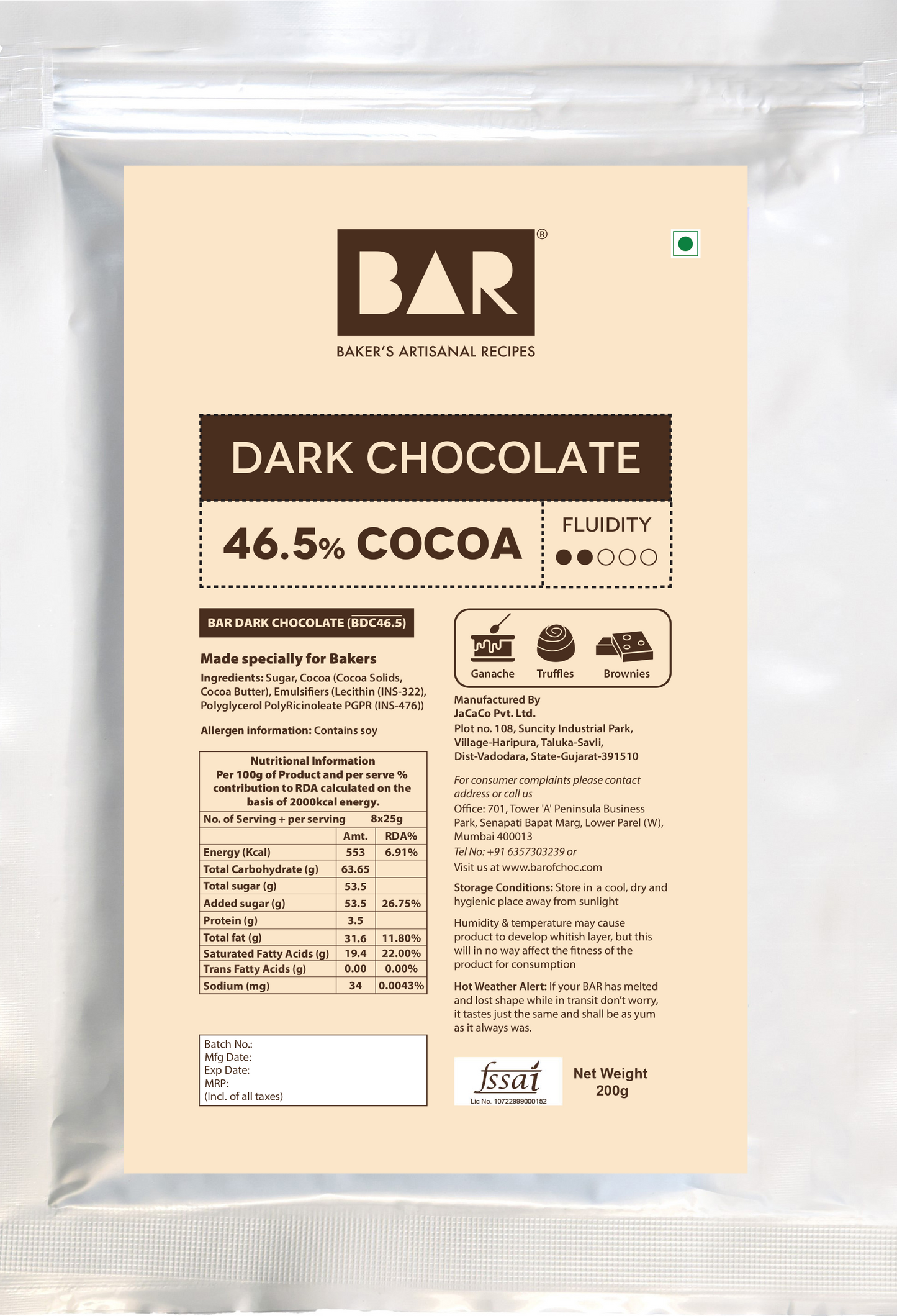 BAR 46.5% Dark Chocolate for baking - Made with Cocoa Butter