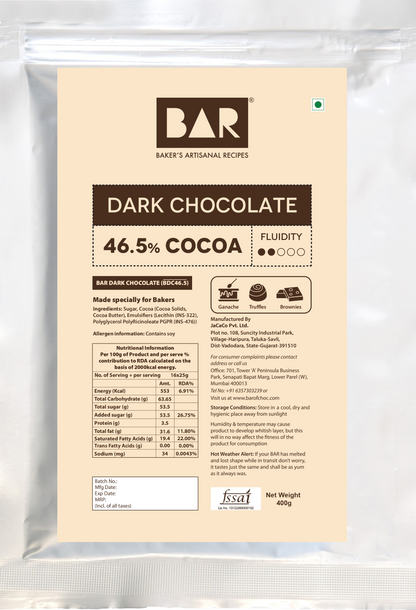BAR 46.5% Dark Chocolate for baking - Made with Cocoa Butter