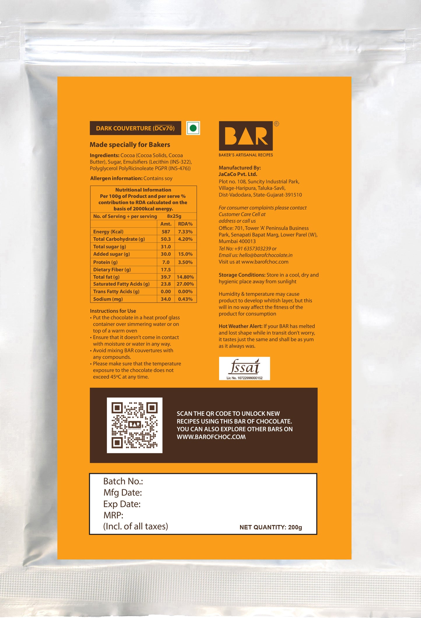 BAR70 Dark Couverture (70% Cocoa)