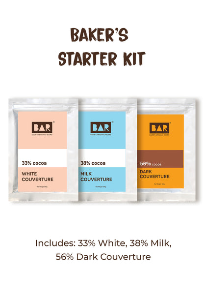 Baker's Starter Kit (BAR33 White Couverture,BAR38 Milk Couverture,BAR56 Dark Couverture - 200GM Each)